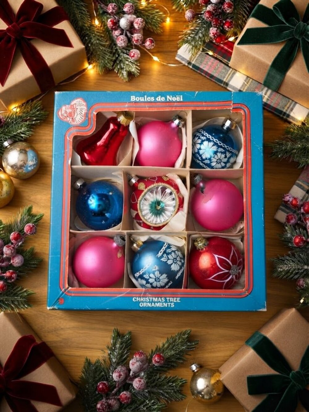 Vintage Glass Christmas Ornaments Set in box